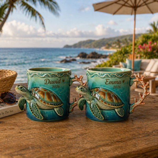 Tasse personnalisée en forme de tortue de mer avec nom et année, tasse à café en céramique en 3D, tasse en forme d'animal marin, cadeau côtier unique pour les amoureux de la plage.