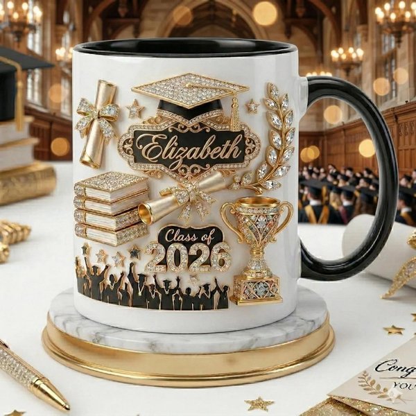 Tasse en céramique personnalisée en 3D avec le nom et l'année, Souvenir de la promotion 2026 et cadeau de fin d'études.
