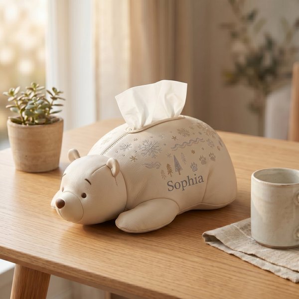 Personalized Bear Tissue Box Holder with Name, Soft Leather Animal Themed Tissue Cover, Polar Bear Styling, Cute Home Decor Gift for Women/Her