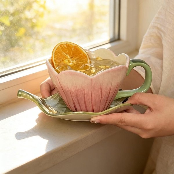 Handmade Flower Mug with Saucer, Cute Ceramic Coffee Cup Set, 320ml Kawaii Tea Cup, Birthday/Wedding Gift for Her/Besties/Bridesmaids