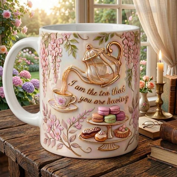 I Am the Tea 3D Embossed Mug, Romance Reader Coffee Cup, Birthday Gift for Bookish Tea Lover