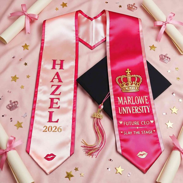 Personalized Crown & Lip Print Graduation Stole with Name & School, 2026 Senior Sash, Graduation Day Gift for Her/Girl