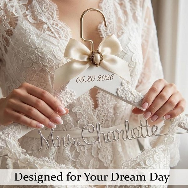 Cintre de mariage personnalisé avec broche en dentelle et perles, cintre pour robe de mariée, cadeau de douche de mariage, cadeau de mariage ou de fiançailles pour la mariée.