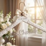 Personalized Name Date Bridal Hanger with Lace & Pearl Brooch, Wire Name Wedding Dress Hanger, Bridal Shower Favor, Wedding/Engagement Gift for Bride