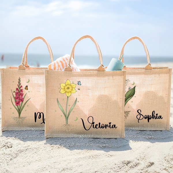 Personalized Birth Flower Reusable Jute Tote Bag with Name Birthday Mother's Day Wedding Gift for Mom Bridesmaid Friend