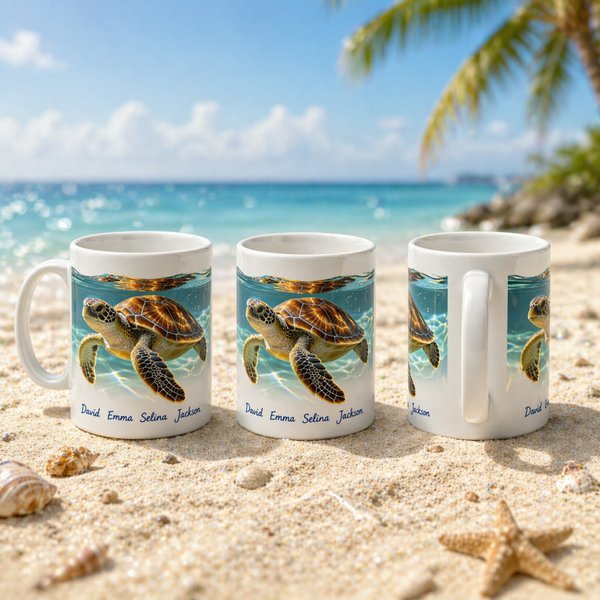 Tasse à café personnalisée en forme de tortue de mer 3D, avec nom, animal océanique, cadeau d'anniversaire ou de Noël pour les amoureux de l'océan.