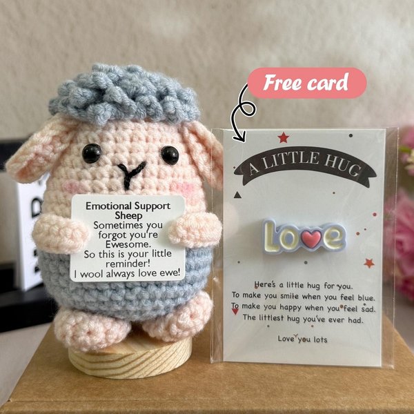 Personalized Emotional Support Crochet Sheep Toy Plush with Card, Handmade Crochet Positive Sheep, Desk Decoration, Funny Gift for Kids/Adults