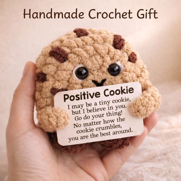 Poupée Cookie Positive au crochet, peluche de poche de soutien émotionnel, décoration de bureau mignonne, cadeau d'encouragement/pensée pour la famille/l'ami(e)