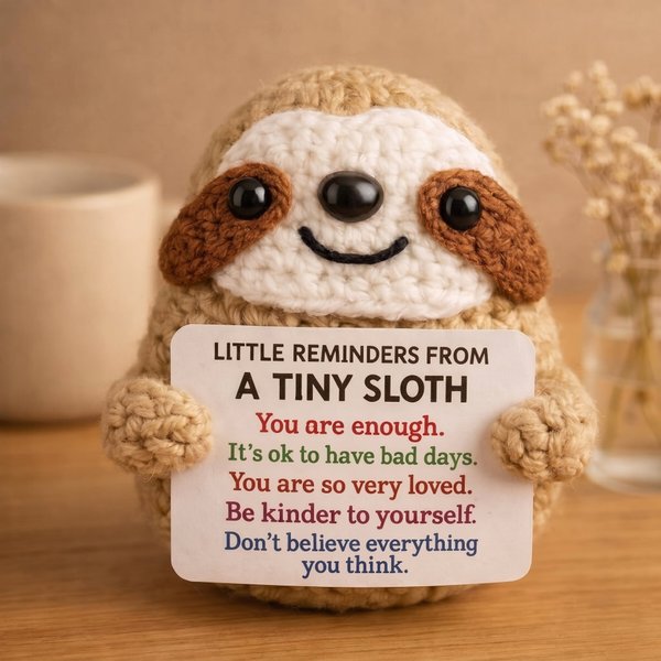Tiny Sloth Positive Affirmation Plush, Emotional Support Pocket Doll, Cute Desk Decor, Encouragement/Thinking of You Gift for Pet Lovers/Friends