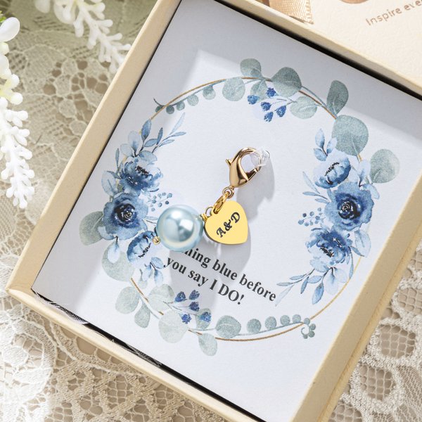 Personalized Blue Pearl Heart Charm Bouquet Clip with Text and Floral Card Wedding Engagement Gift for Bride Bridesmaid