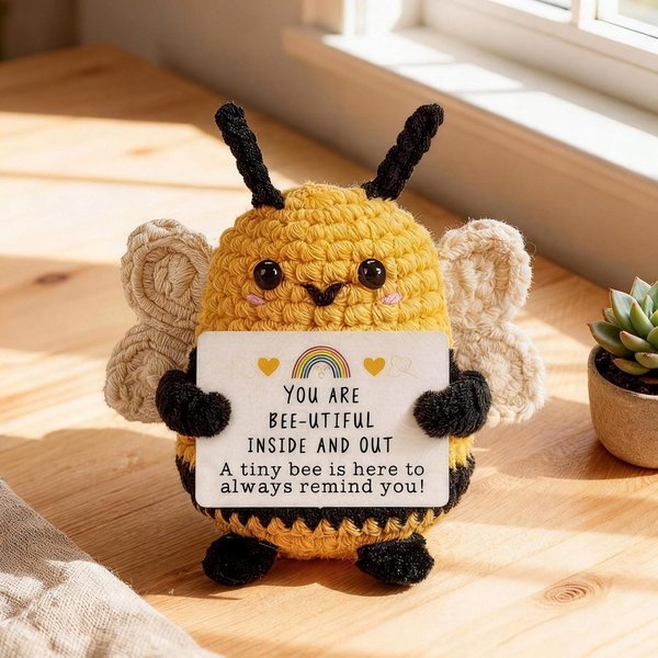 Poupée abeille en crochet avec carte, jouet en peluche de soutien émotionnel, décoration de bureau, cadeau d'anniversaire/de fin d'études pour la famille/les amis