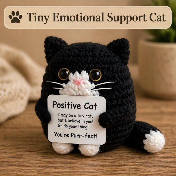 Emotional Support Black & White Crochet Cat, Pocket Companion Plush, Cute Desk Decor, Encouragement/Thinking of You Gift for Cat Lovers/Friends