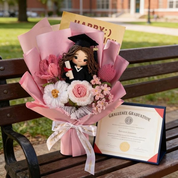 Handmade Graduation Crochet Bouquet, Amigurumi Flower with Customizable Photo Doll, Class of 2026 Keepsake Gift for Her/Him/Graduates