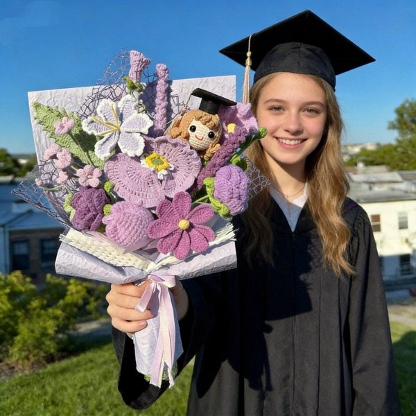 Bouquet de fleurs de fin d'études au crochet avec poupée, souvenir de fin d'études, cadeau de fin d'études/de fille