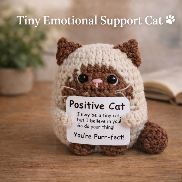 Handmade Crochet Positive Cat Gift, Emotional Healing Support Plush, Pocket Companion Doll, Encouragement/Thinking of You Gift for Cat Lovers/Friends