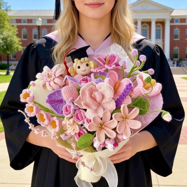 Personalized Crochet Graduation Bouquet with Doll, Class of 2026 Handmade Gift, Graduation Day Gift for Her/Grad