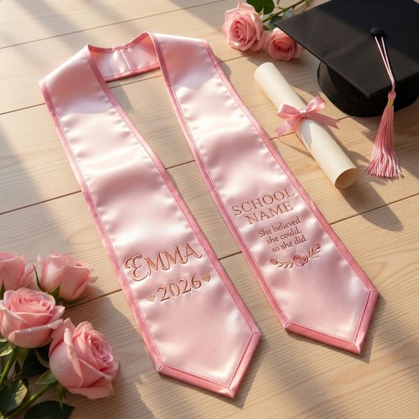Personalized Embroidered Rose Graduation Stole with Name & School, 2026 Senior Sash, Graduation Day Gift for Her/Girl