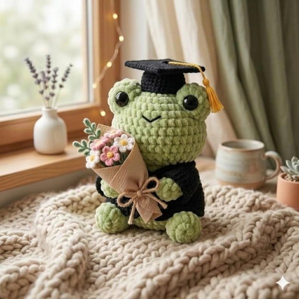 Animal de fin d'études au crochet avec bonnet et fleur, choix grenouille/ours/lapin, cadeau de fin d'études/fin de scolarité pour les diplômés/amoureux des animaux