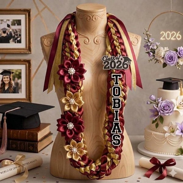 Fleurs de graduation personnalisées avec le nom de l'année, souvenir de la classe 2026, cadeau pour les diplômés du secondaire et du collégial.