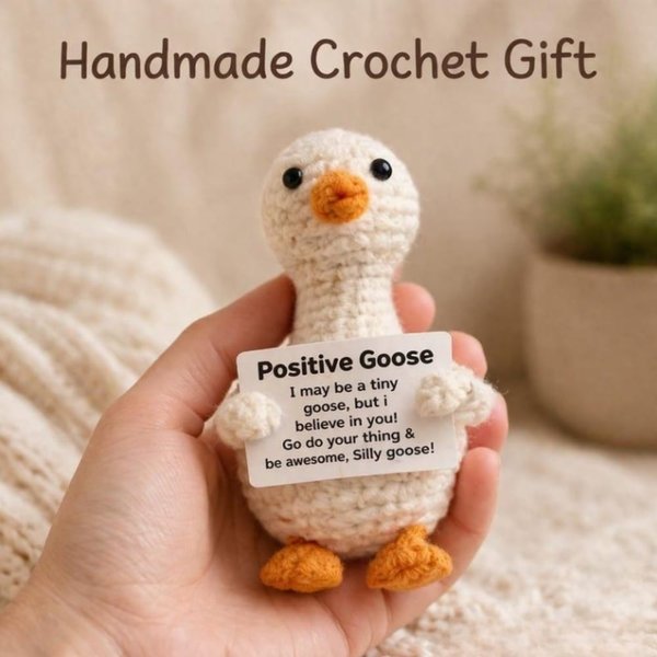 Peluche au crochet Positive Goose avec message chaleureux, compagnon de bureau de soutien émotionnel, cadeau d'encouragement/pensée à toi pour ami/famille