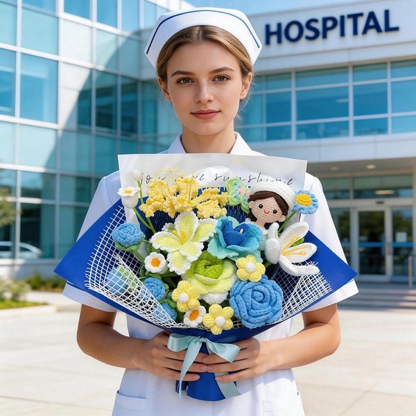 Bouquet d'infirmière au crochet avec poupée, plein d'amour et de fierté, souvenir de la promotion 2026, cadeau de fin d'études pour étudiante/infirmière