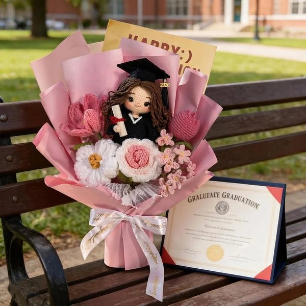 Handmade Graduation Crochet Bouquet, Amigurumi Flower with Customizable Photo Doll, Class of 2026 Keepsake Gift for Her/Him/Graduates