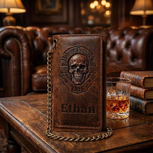Personalisierte Totenkopf Happy Father's Day Leder Tri-Fold Wallet mit Kette und Name, Vatertagsgeschenk für Ehemann/Vater/Großvater
