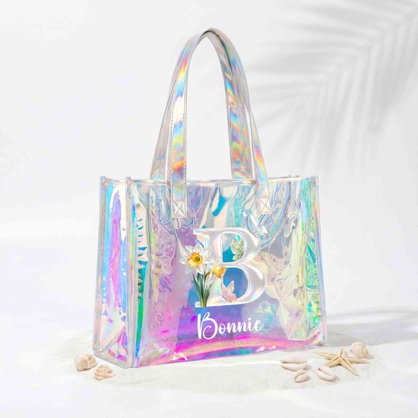 Sac à main holographique personnalisé avec nom, fleur de naissance, initiale, sac à main de plage d'été brillant, accessoires de vacances, cadeau d'anniversaire pour les femmes