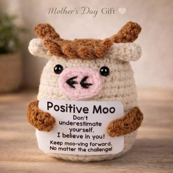Handmade Positive Moo Crochet Cow Plush with Card, Cute Motivational Cow Keepsake, Desk Decor, Birthday Gift for Kids/Adults