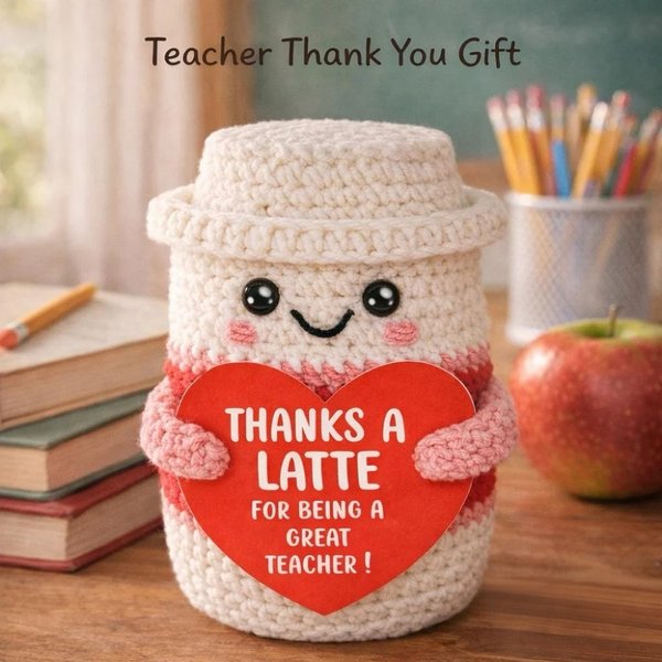 Handmade Crochet Coffee Plush with Card, Thanks a Latte Emotional Support Toy, Desk Decor, End of Year/Appreciation Gift for Teacher
