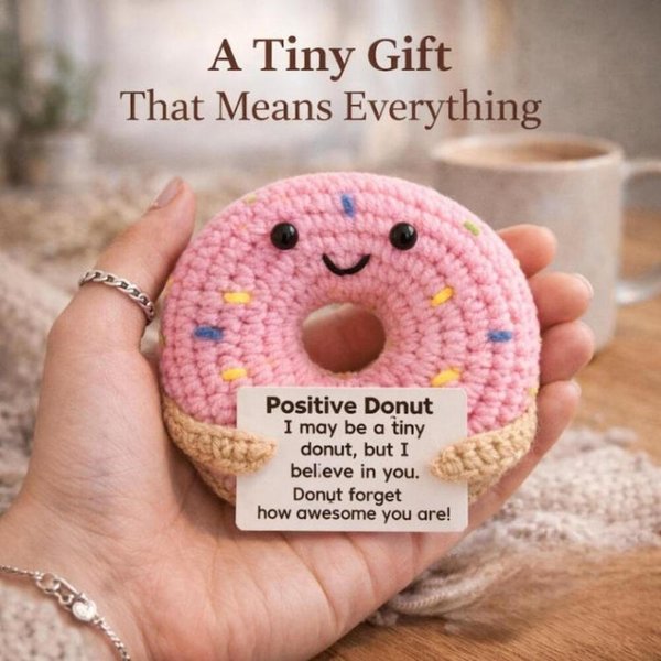 Peluche Donut positive au crochet avec message chaleureux, décoration de bureau pour le soutien émotionnel, cadeau d'encouragement/pensée pour vous pour les amis/la famille.