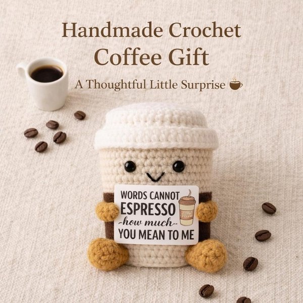 Crochet Coffee Cup Toy Plush with Card, Words Cannot Espresso Cute Emotional Support Toy, Office Decor, Appreciation/Leaving Gift for Coffee Lovers