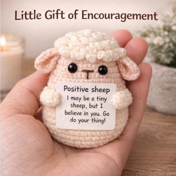 Peluche Positive Sheep au crochet avec message chaleureux, compagnon de bureau de soutien émotionnel, cadeau d'encouragement/pensée pour les amis/famille
