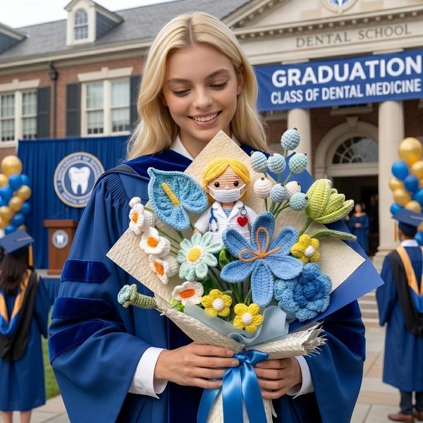 Dentist Graduation Crochet Bouquet, Amigurumi Flower with Customizable Photo Doll, Class of 2026 Keepsake, Appreciation/Graduation Gift for Dentists