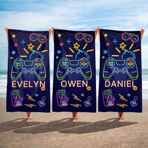 Personalized Bold Neon Gaming Graphic Quick Dry Oversized Beach Towel with Name Summer Vacation Beach Party Birthday Gift Gamers Kids