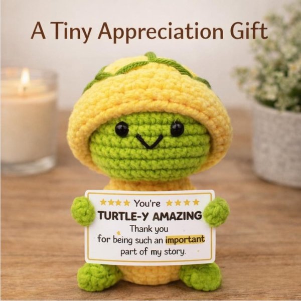Peluche tortue au crochet avec message, compagnon de bureau mignon pour collègue de travail, cadeau d'encouragement/pensée pour ami/famille