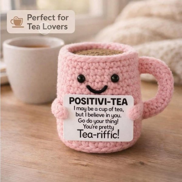 Positivi-Tea Crochet Cup with Warm Message, Cute Tea Lover Desk Decor, Encouragement/Thinking of You Gift for Friend/Family