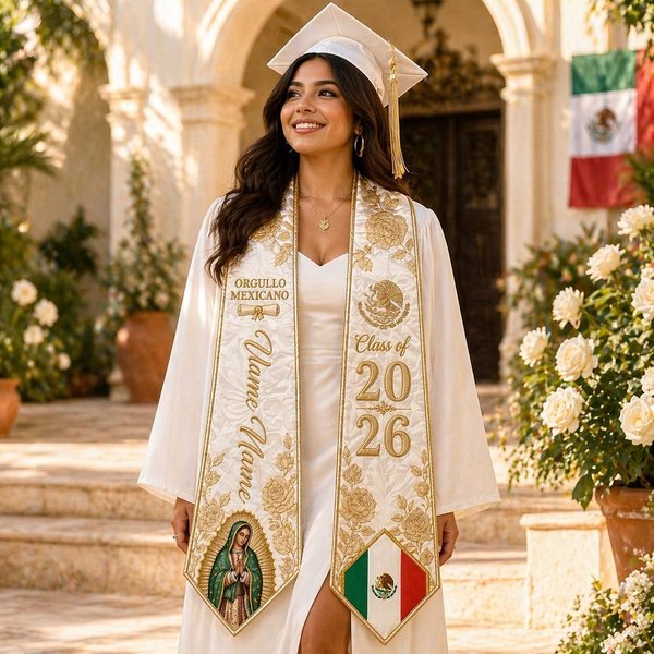 Etole de graduation mexicaine personnalisée avec nom et année, ceinture catholique Virgen De Guadalupe, Orgullo Mexicano Cadeau pour gradués