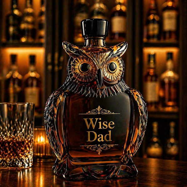 Bouteille de whisky en forme de hibou avec texte gravé, carafe à liqueur en forme de hibou, décoration de bar unique, père sage/cadeau d'anniversaire pour lui/amoureux du whisky.