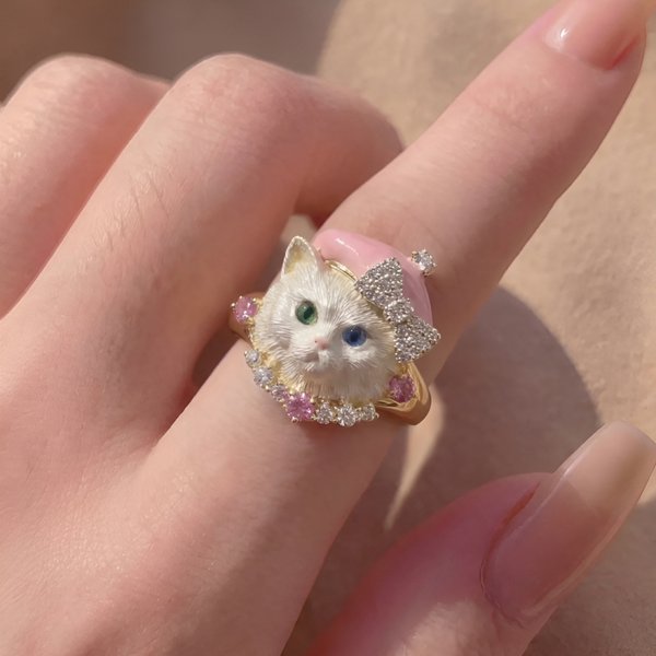 Bague réglable personnalisée en forme de chat et de chien avec nœud en cristal, 3D Pet Lover Statement Ring, cadeau d'anniversaire/de la Saint-Valentin pour l'amour des animaux/la femme.