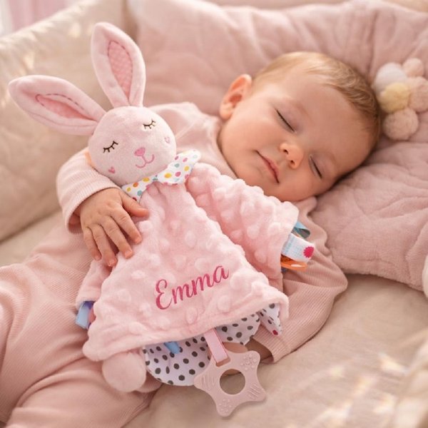 Custom Embroidered Name Animal Design Baby Security Blanket, Rabbit Elephant Bear Unicorn Comfort Blanket, Birthday/Baby Shower Gift for Newborns