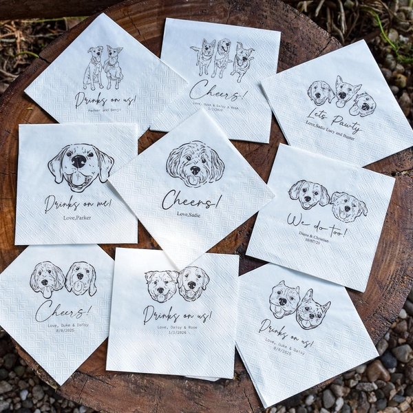 (Lot de 25) Serviettes de table de mariage personnalisées avec 1-3 portraits d'animaux de compagnie, serviettes à motifs dessinés à la main de chats et de chiens, fournitures de fête de mariage, cadea