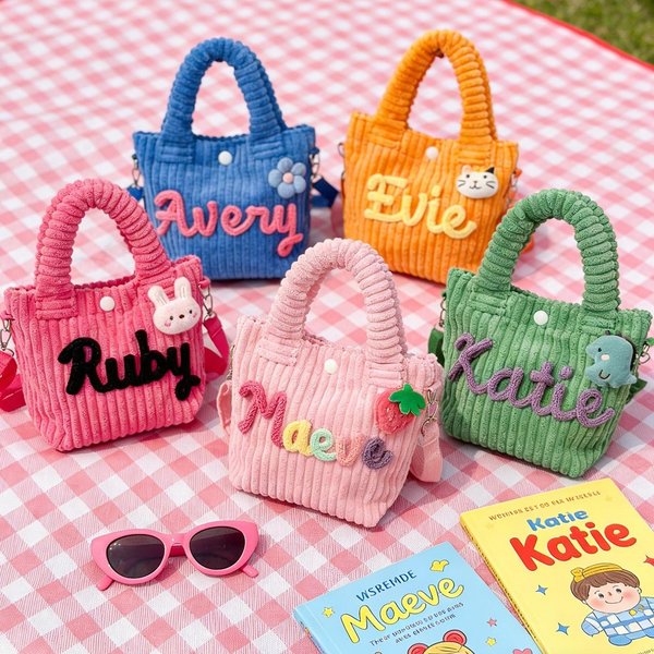 Personalized Toddler Purse with Cute Charm & Embroidered Name, Handmade Corduroy Crossbody Bag, Yarn Preschool/Daycare Bag, Birthday Gift for Kids