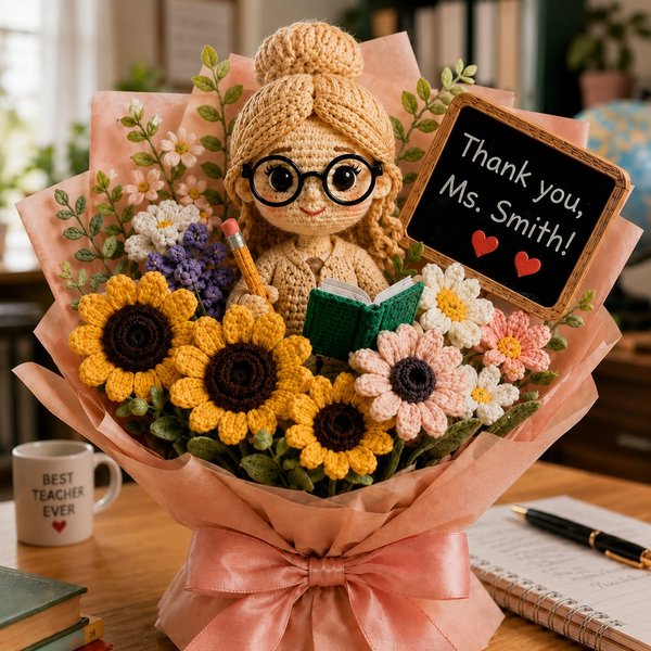 Bouquet de poupées d'enseignants au crochet avec carte de tableau noir, bouquet de fleurs tricoté à la main, cadeau de remerciement/retour à l'école/anniversaire pour l'enseignant