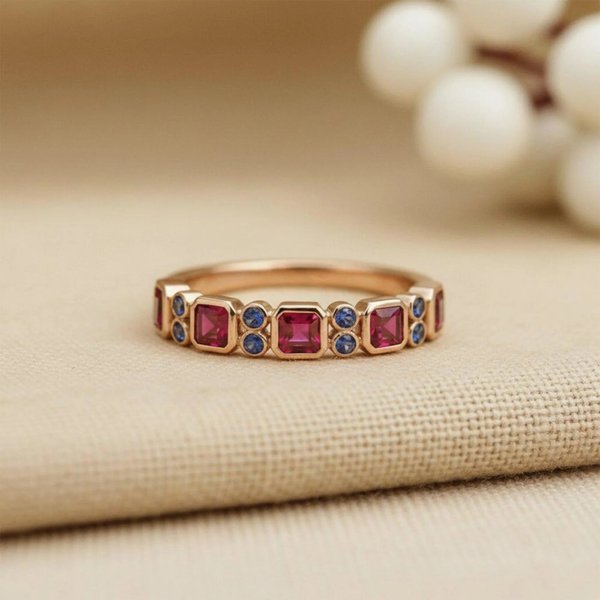 Bague d'éternité personnalisée en rubis et saphir, bijou de pierre de naissance, cadeau d'anniversaire pour elle