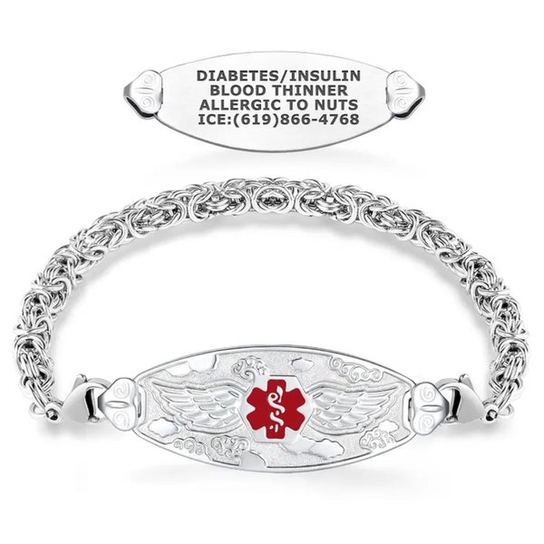 Personalisierte gravierte Engelsflügel medizinischen Alarm ID-Armband, handgefertigte byzantinischen Kette Schmuck, nachdenklich Sicherheit Geschenk für Familie/Freunde