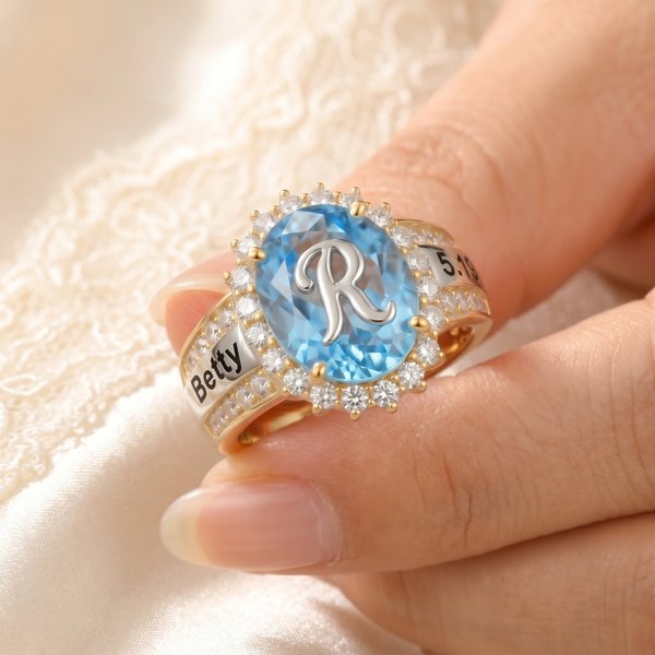 Bague initiale personnalisée avec nom et date, bague de promesse en pierres précieuses, cadeau d'anniversaire pour elle/épouse/petite amie