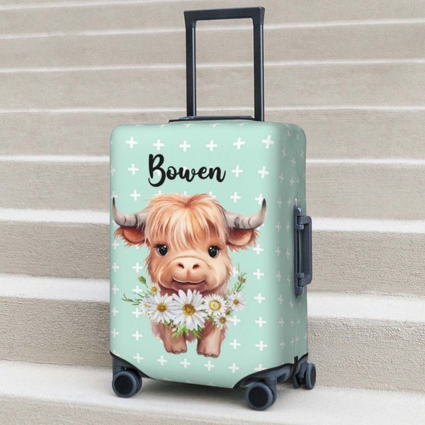Personalized Cute Highland Cow Birth Flower Luggage Protective Cover Fits 18-32 Inches Suitcase with Name Travel Accessories Birthday Gift for Women