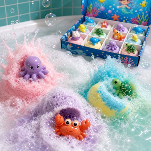 Bombe de bain océanique pour enfants avec jouets surprise en forme d'animaux marins, set de bombes de bain naturelles, cadeau d'anniversaire ou de Noël pour les enfants.