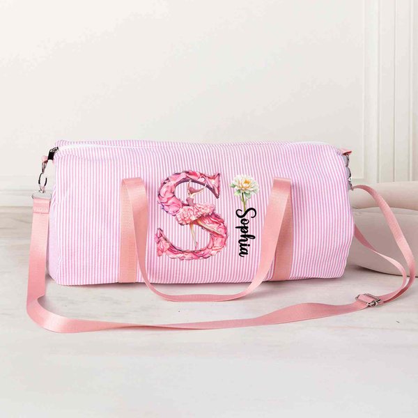 Personalized Cartoon Ballerina Initial Birth Flower Seersucker Duffle Bag with Name Travel Essential Game Day Birthday Gift for Ballet Dancers